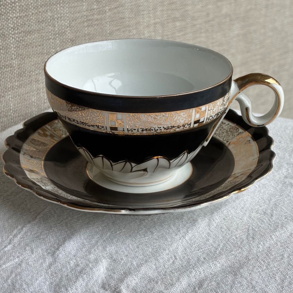 Vintage UCAGCO China Teacup Saucer Black Gold Floral Made in Occupied Japan
